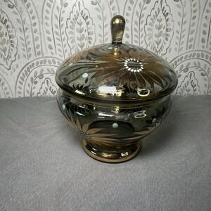 Vintage Bohemian Czech Iridescent Glass Covered Candy Dish Gold Flowers